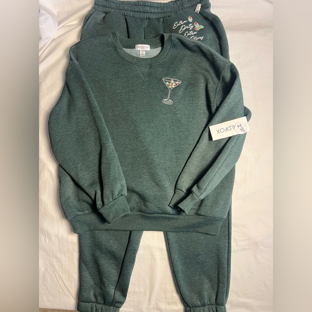 NWT Wildfox Couture Extra Olives Martini Sweatshirt & Sweatpants Set Green Large